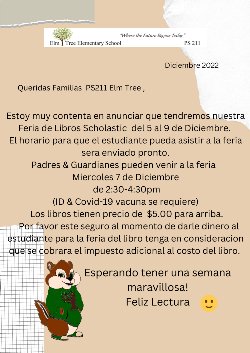 12-5-2022; P.S. 211 Scholastic Book Fair Flyer (Spanish)